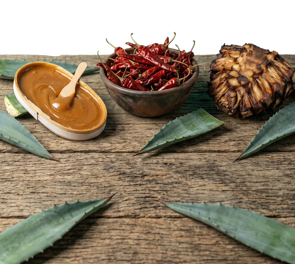 Cajeta de Sayula, chiles de árbol y piña de agave sobre una mesa de madera